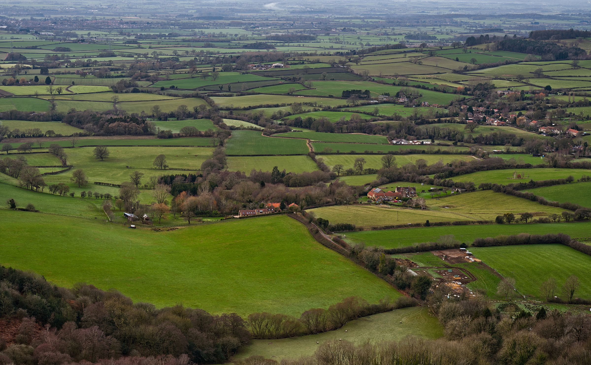 Elevated view across patchwork fields and hedgerows in the English countryside.